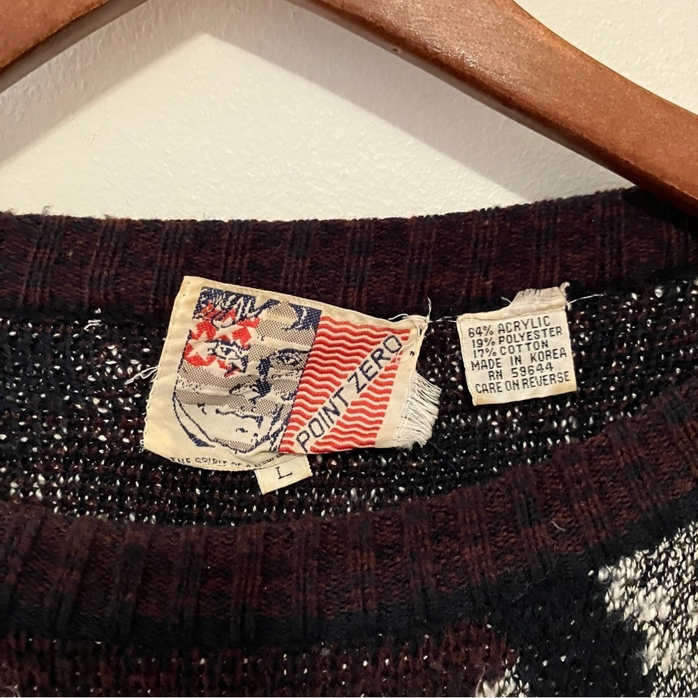 VTG Point Zero Sweater Men L Black Burgundy Geometric Pullover Knit 90s Cosby - Picture 2 of 6